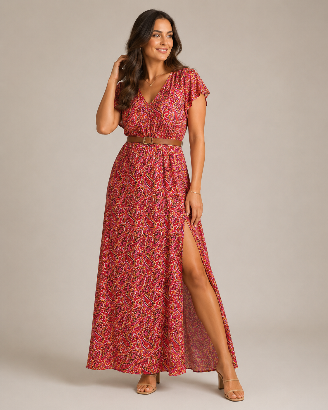 Miranda - Maxi-jurk Met Sierlijke Print En Bindriem