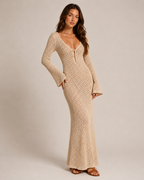 Liora - Dames Gehaakte Maxi Boho-jurk Met Lange Mouwe