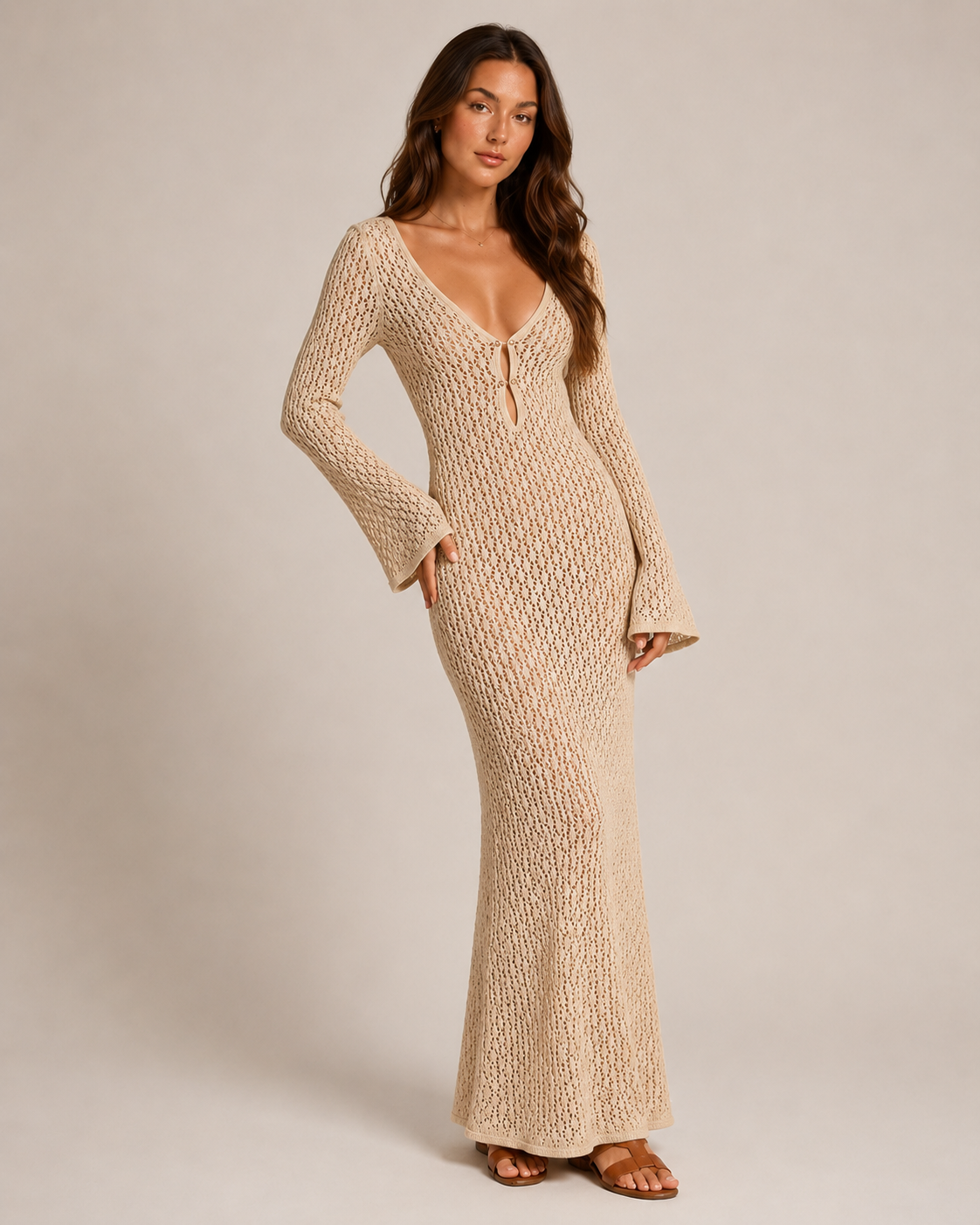 Liora - Dames Gehaakte Maxi Boho-jurk Met Lange Mouwe