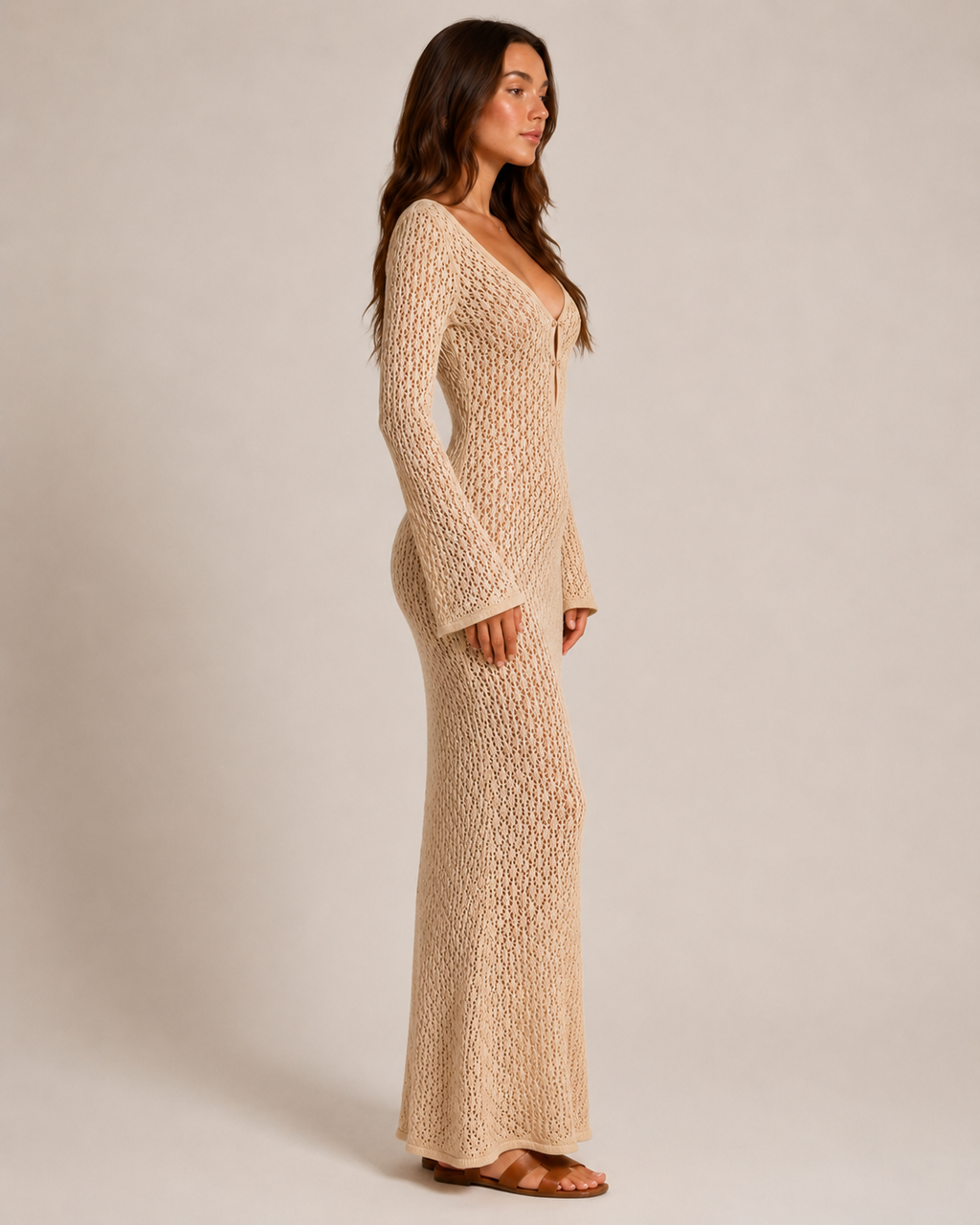 Liora - Dames Gehaakte Maxi Boho-jurk Met Lange Mouwe