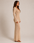 Liora - Dames Gehaakte Maxi Boho-jurk Met Lange Mouwe