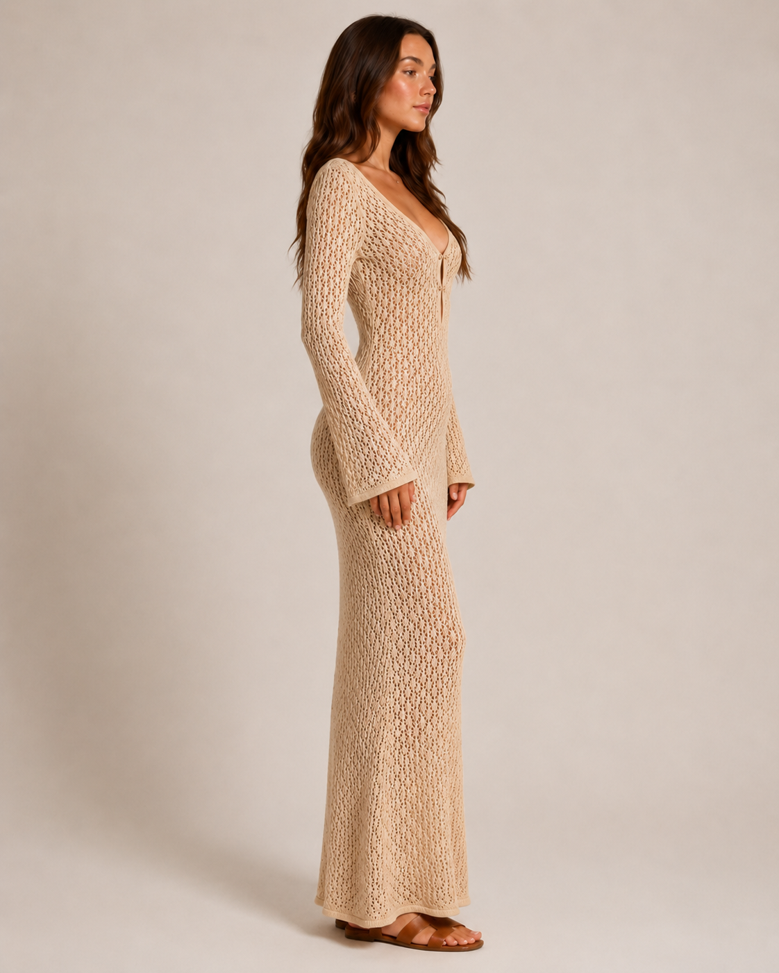 Liora - Dames Gehaakte Maxi Boho-jurk Met Lange Mouwe