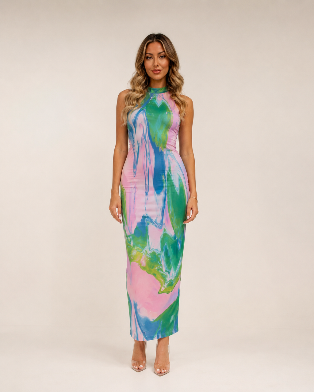 Liliane - Multicolor Maxi-jurk Met Open Rug En Zijsplitten