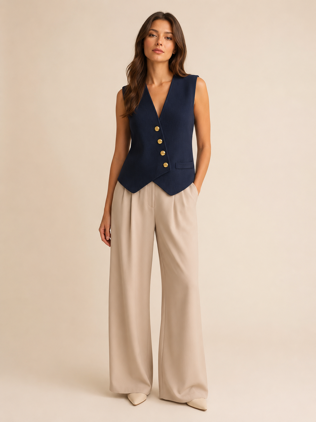 Pheline - Gebreid Asymmetrisch Dames Vest Met Metalen Knopen