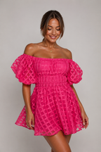 Florisa - Off-shoulder Mini-jurk Met Pofmouwen En A-lijn Rok
