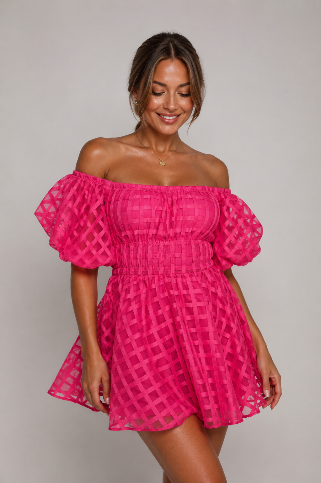 Florisa - Off-shoulder Mini-jurk Met Pofmouwen En A-lijn Rok
