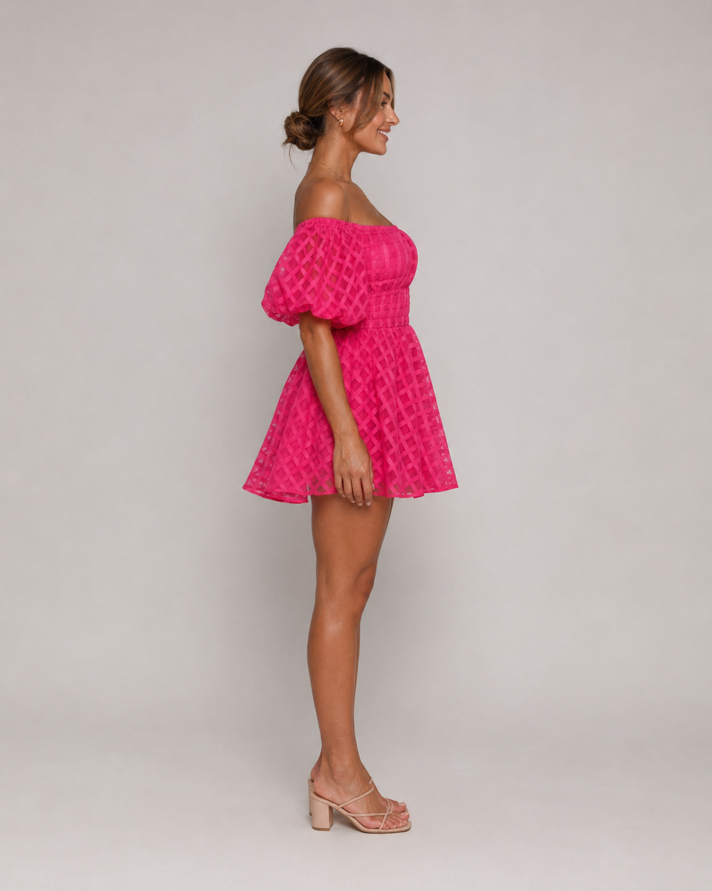 Florisa - Off-shoulder Mini-jurk Met Pofmouwen En A-lijn Rok
