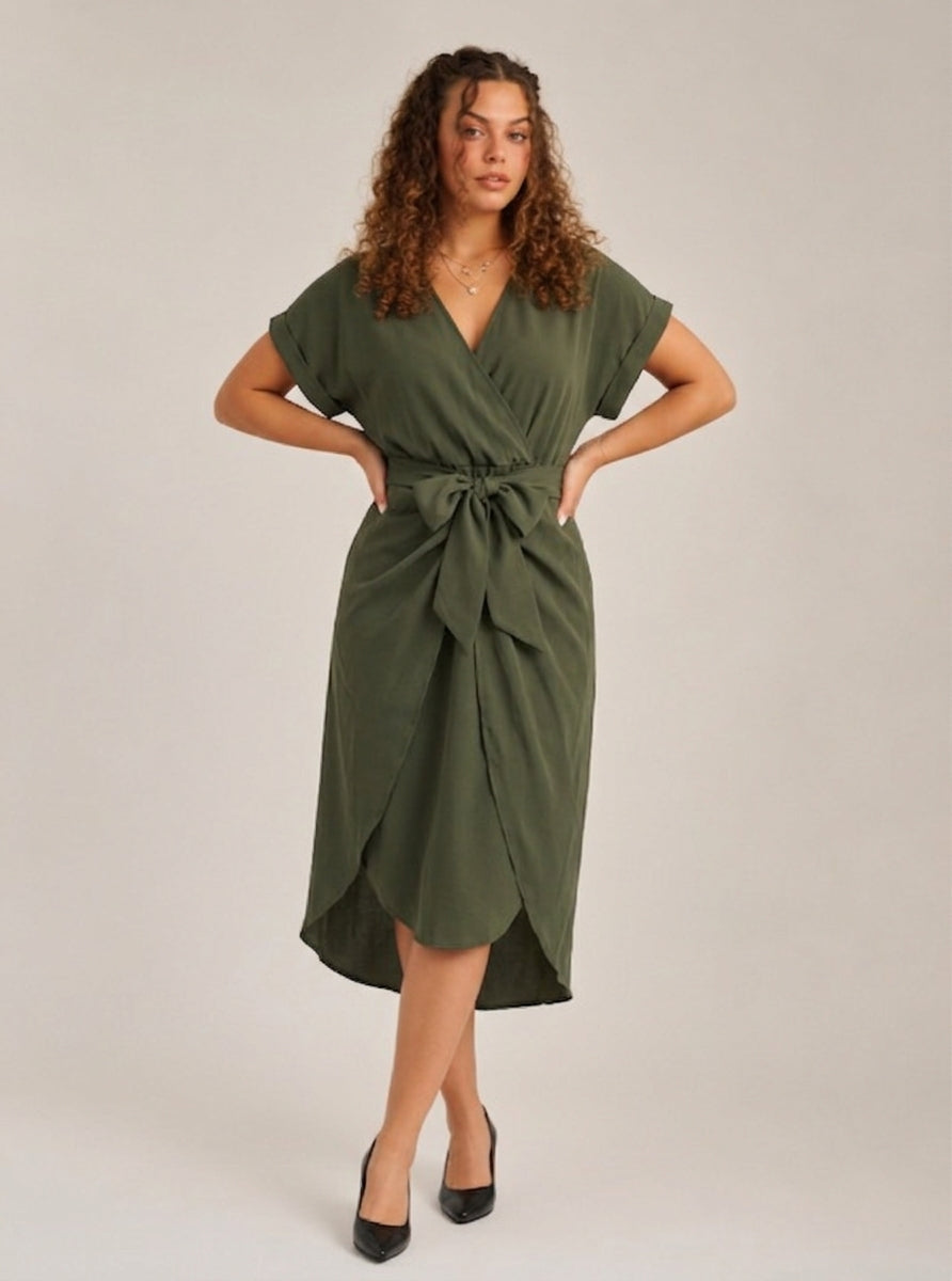 Margot - Donkergroene Midi-jurk Met Overslag En Ceintuur