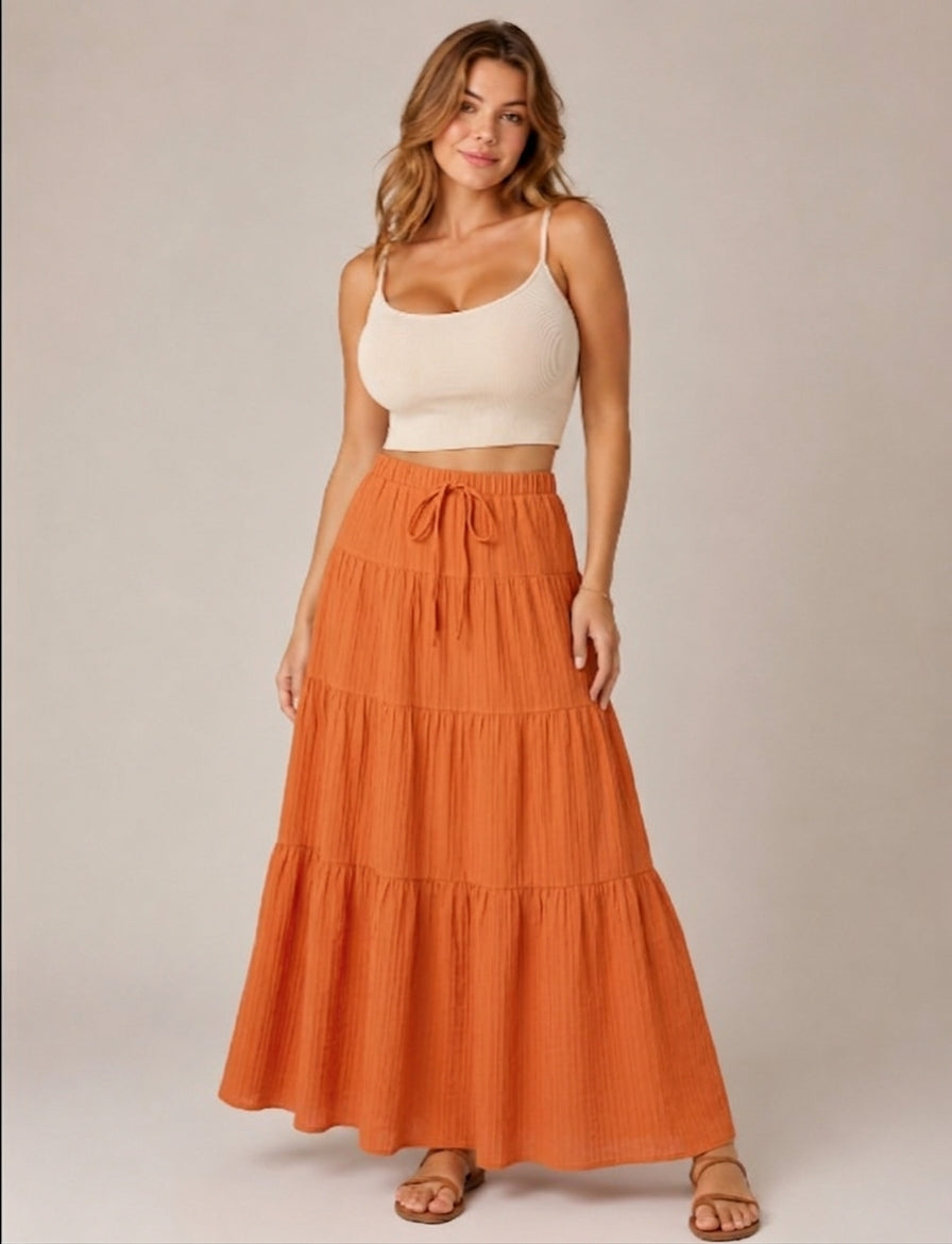 Pandora - Gestreepte boho maxirok met volantlagen en elastische taille