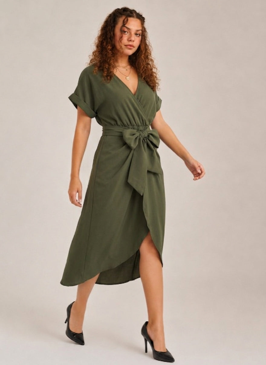 Margot - Donkergroene Midi-jurk Met Overslag En Ceintuur