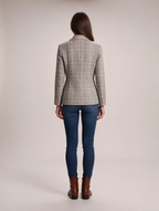 Oxana - dames tweed blazer met ruitpatroon, puntkraag en goudkleurige knopen