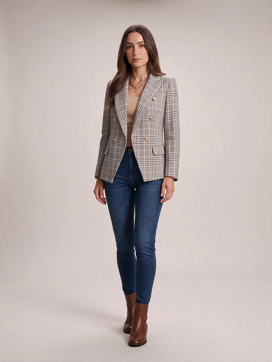 Oxana - dames tweed blazer met ruitpatroon, puntkraag en goudkleurige knopen