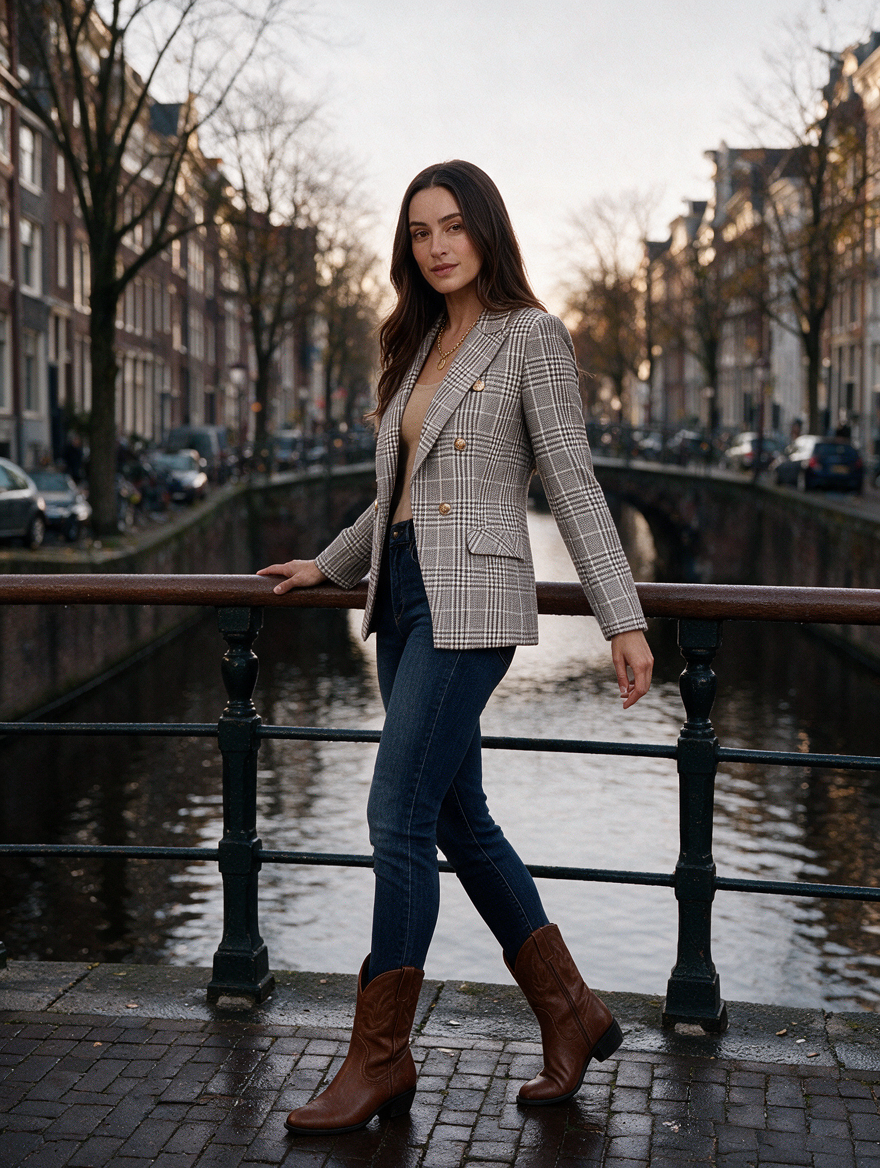 Oxana - dames tweed blazer met ruitpatroon, puntkraag en goudkleurige knopen