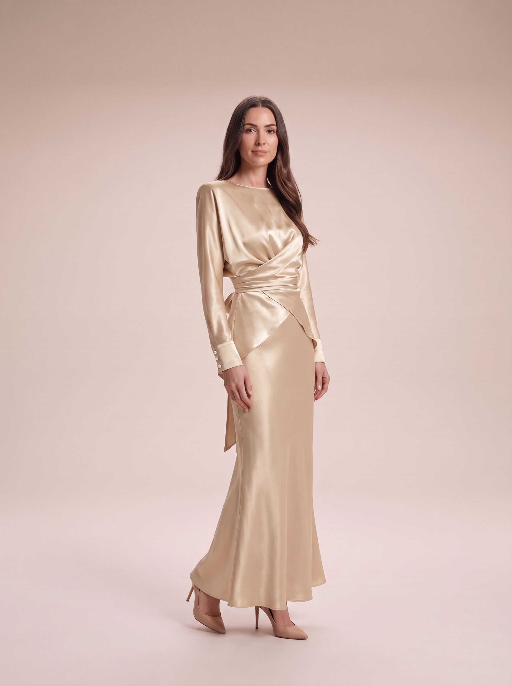 Yamila - Champagne satijnen wikkeltop en fishtail rok set
