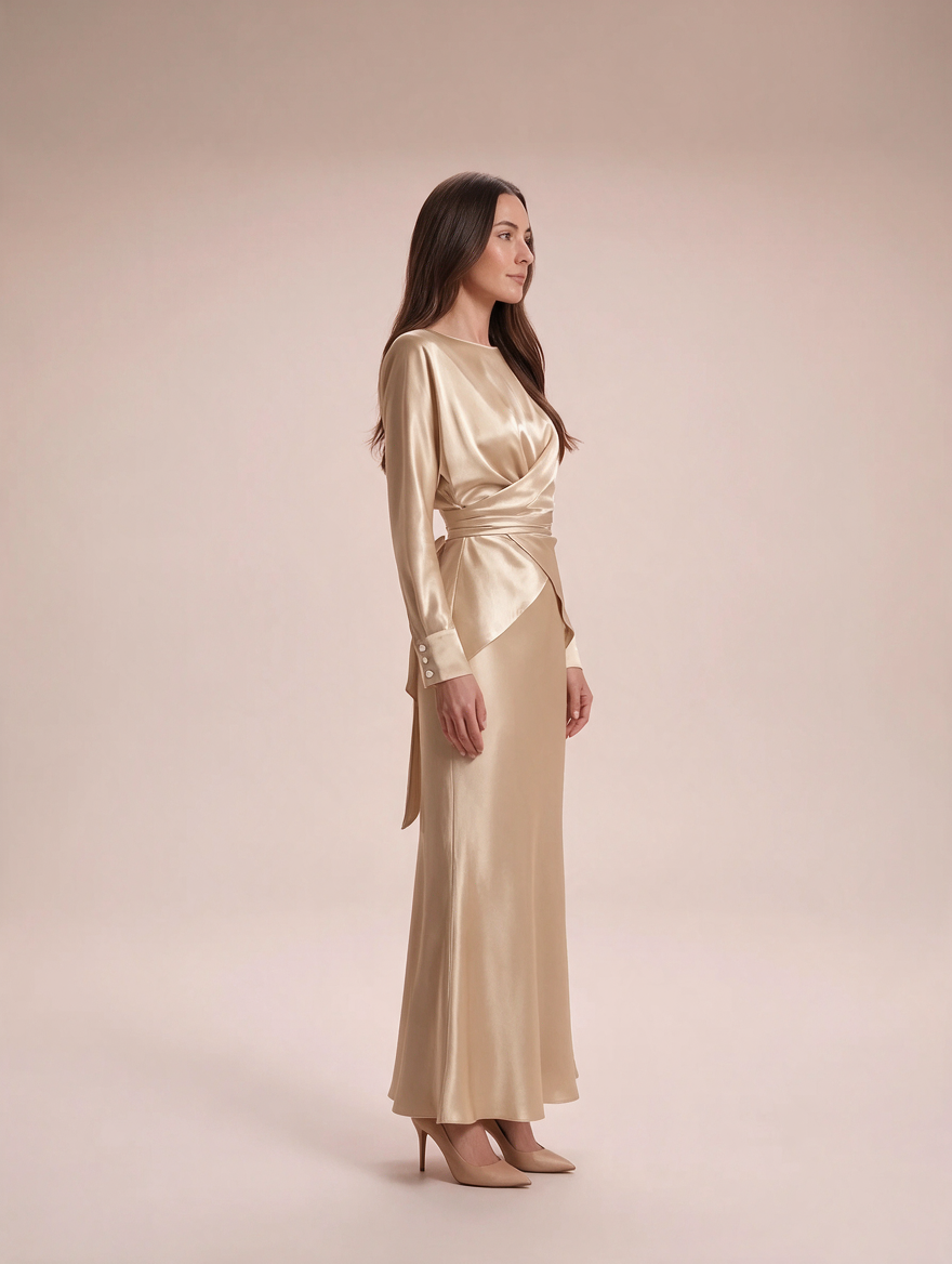 Yamila - Champagne satijnen wikkeltop en fishtail rok set
