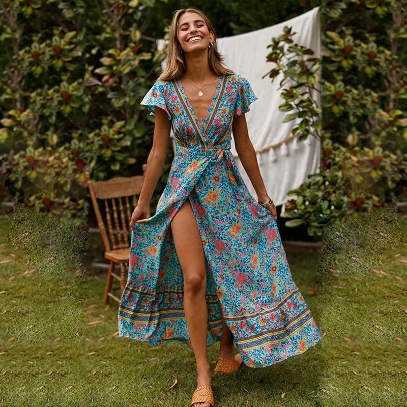 Myrna - Boho Maxi-jurk met Wikkelmodel en Hoge Split