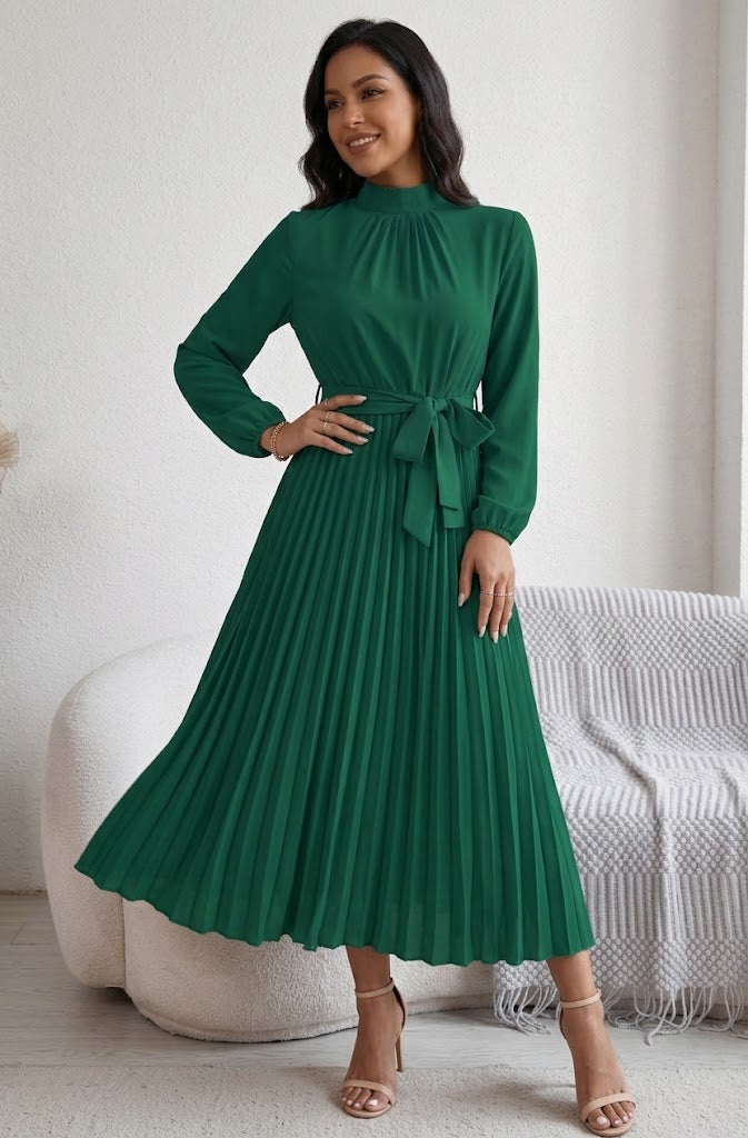 Marit - Midi-jurk met Lange Mouwen en Plooirok